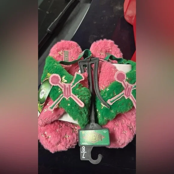 Pink and Green Fuzzy Slippers Wicked Theme - Picture 1 of 1